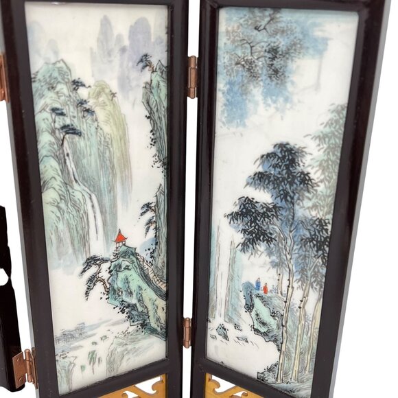 Vintage Chinese Folding Mini Screen With Hand-Painted Stone Panels Landscape Woo - Picture 5 of 9